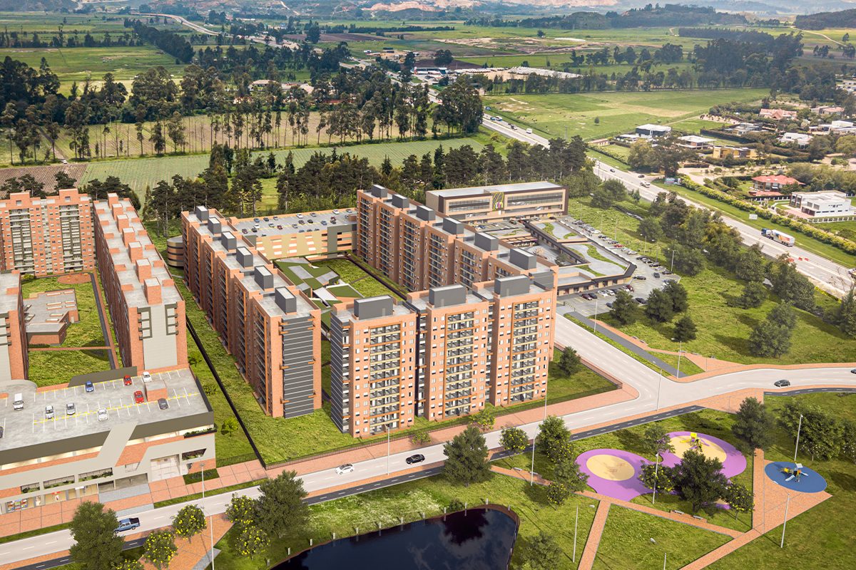 Vista aérea de Cedro Novaterra, el parque y el lago